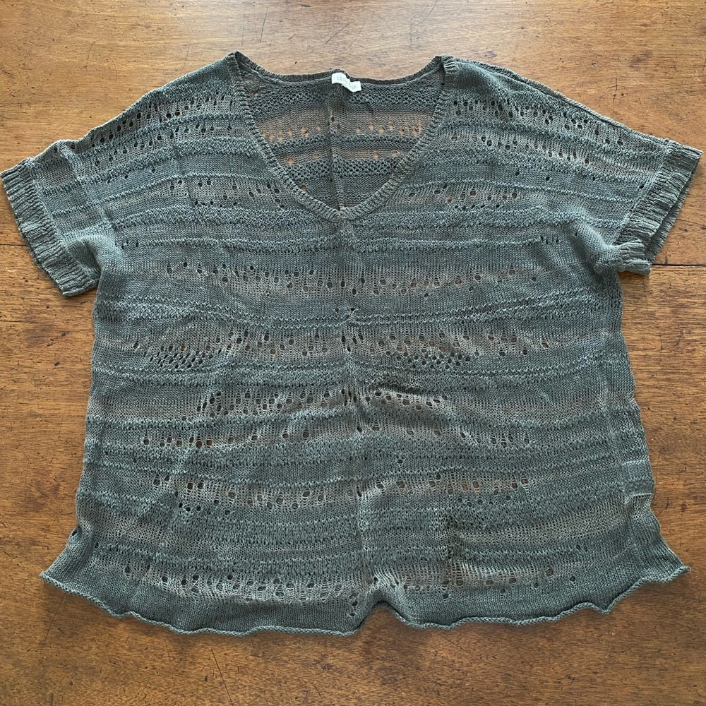 EILEEN FISHER Green Linen Knit Vneck Tshirt sz L